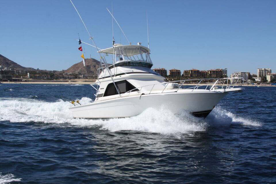 Cabo Fishing Charters yacht Colleens Magic cruising on ocean with Cabo San Lucas in the background